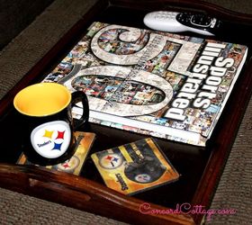 pittsburgh steelers football themed tv mancave, basement ideas, seasonal holiday decor, I found the tray for 2 and we love it on our ottoman to hold our remote sports book coffee and coasters
