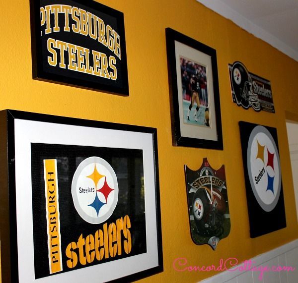 pittsburgh steelers football themed tv mancave, basement ideas, seasonal holiday decor, The Gallery Wall side view