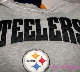 pittsburgh steelers football themed tv mancave, basement ideas, seasonal holiday decor, There are always lots of Steeler s sweatshirts and this is one he s had for about 15 years