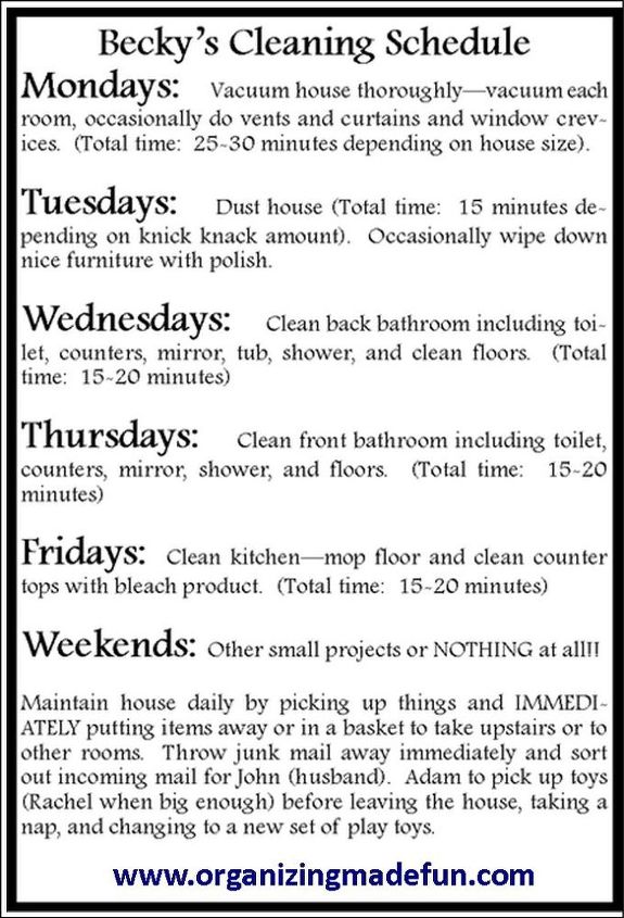 how to clean your house in 15 minutes a day, organizing, My schedule for many years