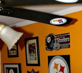 best of 2013 at concord cottage, home decor, We gave my husband s Tv Room a Steelers Sports theme w Nfl Paint T shirts turned into art