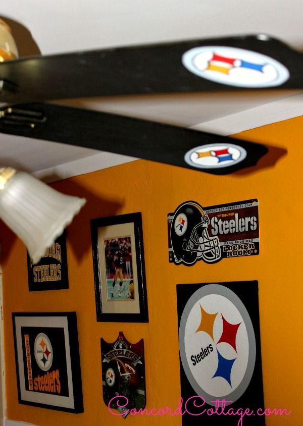 best of 2013 at concord cottage, home decor, We gave my husband s Tv Room a Steelers Sports theme w Nfl Paint T shirts turned into art