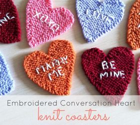 embroidered conversation heart knit coasters, crafts, seasonal holiday decor