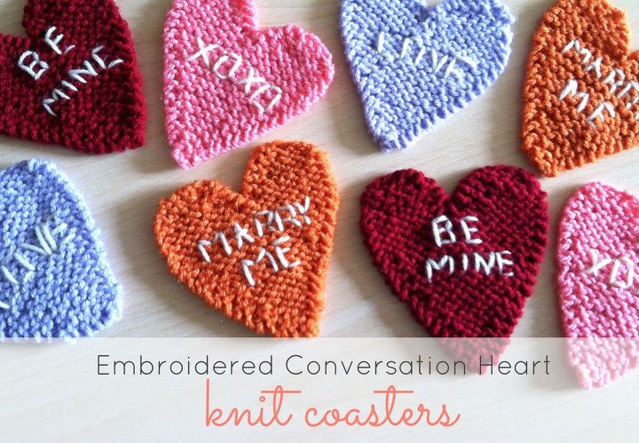 embroidered conversation heart knit coasters, crafts, seasonal holiday decor