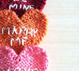 embroidered conversation heart knit coasters, crafts, seasonal holiday decor, Make in many different colors