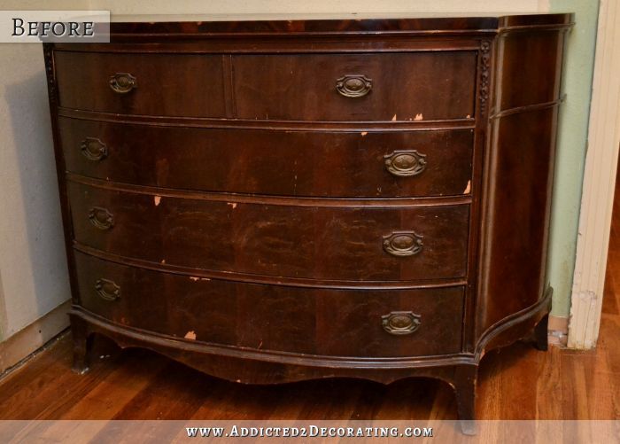 antique credenza makeover, painted furniture, The credenza as I purchased it with badly peeling cracked and bubbling veneer on the drawers A previous owner had even tried to reattach the veneer with super glue in places and it was a big mess
