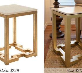 diy side tables with greek key base, diy, painted furniture, The inspiration table from Shades of Light has a real gold leaf finish and granite top Mine has a painted gold finish and an MDF top sprayed with Rust Oleum Hammered spray paint in white