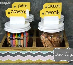 5 fresh ideas for organizing with jars, mason jars, organizing, repurposing upcycling, Cover a wooden caddy with scrapbook paper and change out regular Mason Jar lids to create a Mobile Desk Caddy