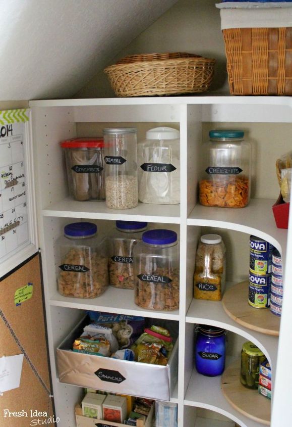 give your pantry a pop of pretty in one hour or less, cleaning tips, closet, After you give the shelves a good wipe down start by adding in your dry goods Clear containers upcycled and labeled make for an easy attractive way to make it look nice and keep it that way