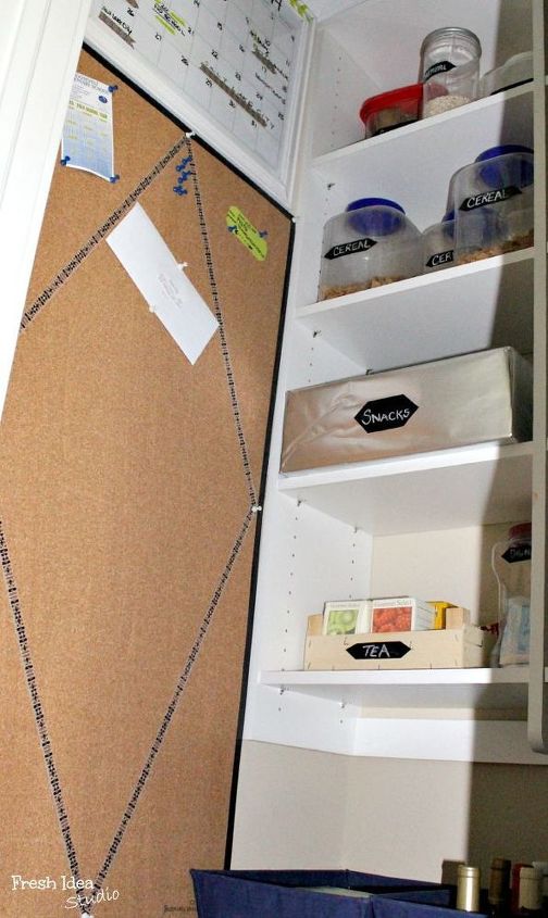 give your pantry a pop of pretty in one hour or less, cleaning tips, closet, Even cover a big box with wrapping paper clear contact paper It makes a great way to corral the kid s snacks My favorite part of our pantry makeover was the single roll of cork board I attached to the wall and trimmed with tape