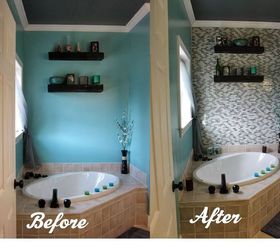 diy glass tile accent wall in master bathroom, bathroom ideas, home decor, tiling, This is a before and after shot of the wall I believe the addition of the tile wall really makes the bathroom much more rich and luxurious