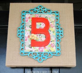 layered wooden monogram burlap canvas, crafts, painting, wreaths, This colorful layered wooden monogram burlap canvas is hanging on our front door in lieu of a wreath