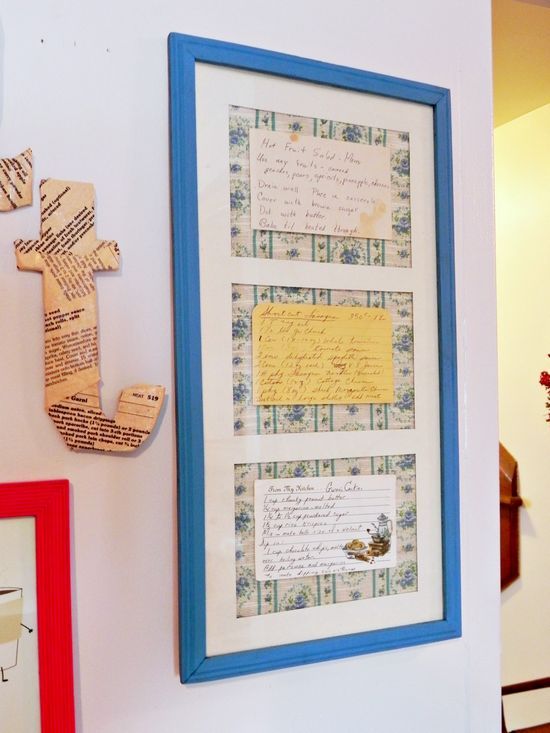 vintage style kitchen decor homecrafts, crafts, home decor, kitchen design, repurposing upcycling, I re framed some of my grandmothers handwritten recipes on top of vintage fabric