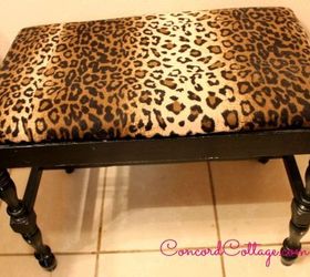 bench makeover with an animal print skirt, bathroom ideas, home decor, painted furniture, reupholster