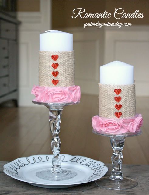 romantic valentine s day table setting valentinesday, seasonal holiday d cor, valentines day ideas, Burlap blingy heart stickers and rose ribbon add a touch of romance to simple candles