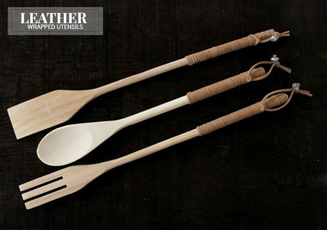 leather wrapped wooden serving utensils, crafts, repurposing upcycling, Even cheap wooden spoons make a nice gift or kitchen decor with a little embellishment