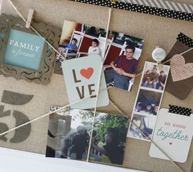 make a memory board with exchangeable elements family is forever, chalkboard paint, crafts, Use clothespins to hold small frames washi tape to hold journaling cards and the twine to hold photos in place