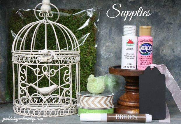 spring bird cage with michaels and hometalk mpinterestparty, chalkboard paint, crafts, home decor, painting, Supplies bird cage wooden pedestal base paint reindeer moss faux flowers ribbon a bird chalkboard tag chalk pen