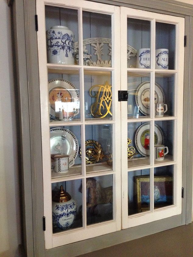 colonial country cupboard re loved, painted furniture, Painted Glass Antique Windows repurposed as cupboard doors