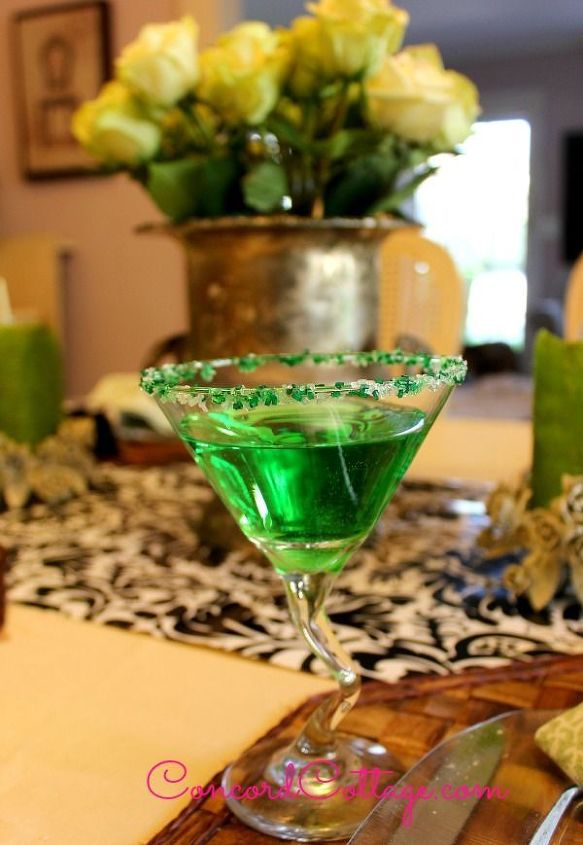 st patrick s day table setting, seasonal holiday d cor, thanksgiving decorations, I had fun making some drinks for the table and my husband came in from work and asked if we were having company lol I just told him I wanted to greet him with an Apple Martini