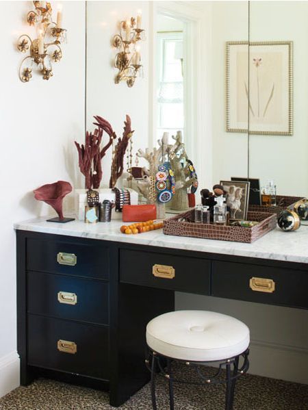 trend watch gold hardware, bathroom ideas, home decor, kitchen cabinets, kitchen design, painted furniture, Designer Barrie Benson used gold hardware on a black vanity creating a sophisticated look for less This vanity was featured in House Beautiful magazine Photo Source