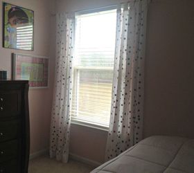 cute diy polka dotted curtains, home decor, reupholster, window treatments, windows, A full view of the polka dotted curtains Don t mind the big brown dresser that s getting some paint soon
