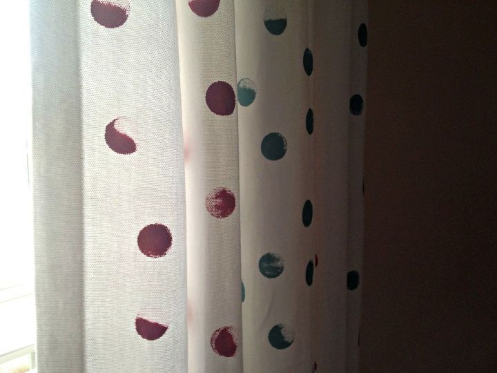 cute diy polka dotted curtains, home decor, reupholster, window treatments, windows, I love the varying weights of the polka dots It adds texture and a personal touch to the curtains