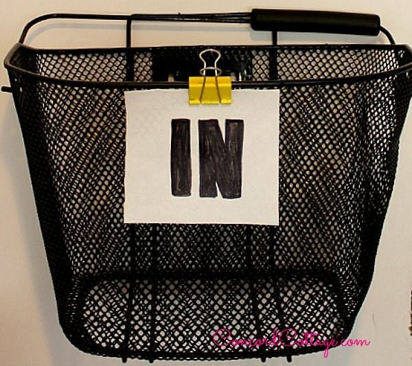 office makeover in progress, craft rooms, home decor, home office, shabby chic, I am loving wire baskets so I have picked them up at thrift stores for a few bucks each I hung the above on the wall and I ll find some printed In and Out signs for them