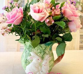 pink roses 10 ways, easter decorations, flowers, gardening, home decor, mason jars, repurposing upcycling, seasonal holiday decor, Pink Roses in a Bunny Rabbit Pitcher is perfect for a Spring Table