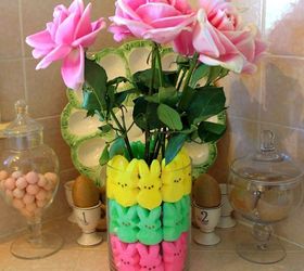 pink roses 10 ways, easter decorations, flowers, gardening, home decor, mason jars, repurposing upcycling, seasonal holiday decor, Easter Peeps Floral Arrangement w Pink Roses