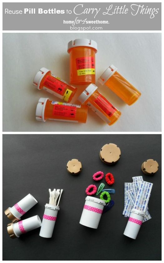 reuse pill bottle to carry little things, cleaning tips, repurposing upcycling