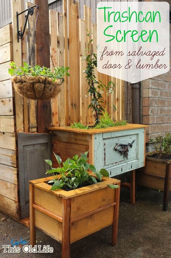 salvaged door repurposed into trash can screen, diy, gardening, how to, repurposing upcycling, woodworking projects