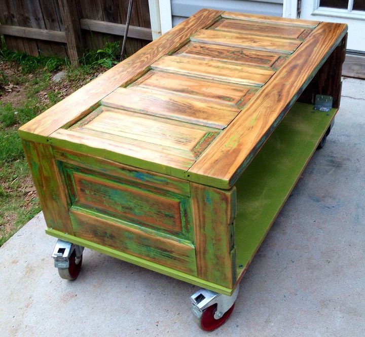 old pocket door turned into amazing coffee table, doors, painted furniture, repurposing upcycling, Green touch of blue paint sanded polyed