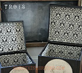 black and white fabric lined storage boxes with french graphic, crafts