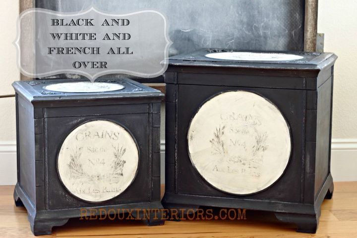 black and white fabric lined storage boxes with french graphic, crafts