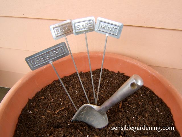 potted herb plants, container gardening, gardening, Decorative tin herb tags