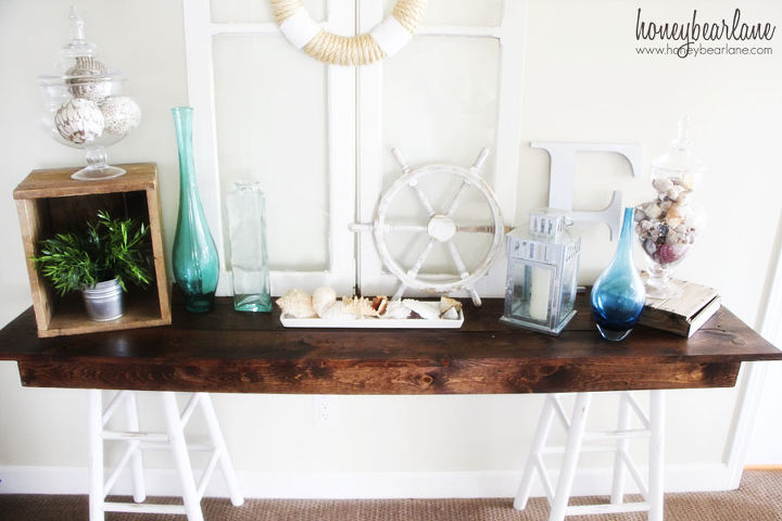 pottery barn knockoff sawhorse table, home decor, living room ideas, painted furniture