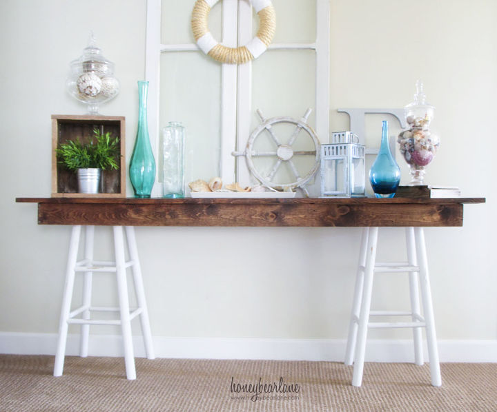 pottery barn knockoff sawhorse table, home decor, living room ideas, painted furniture