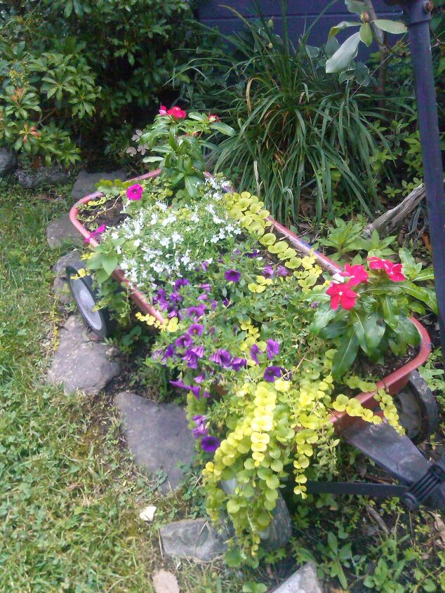 my wagon flower bed in the beautiful blue ridge mountains in va, flowers, gardening, repurposing upcycling