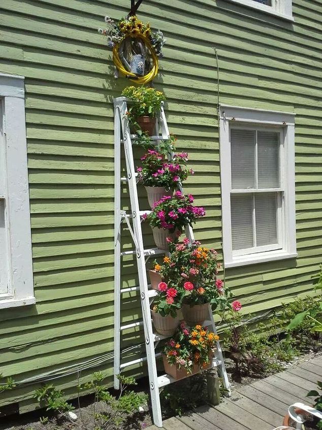 grandpa s old wood ladder planter, flowers, gardening, repurposing upcycling