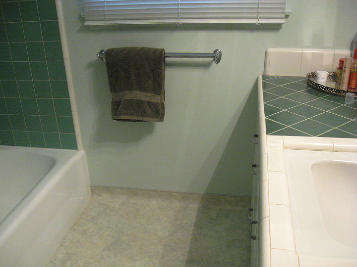 q looking for ideas for bathroom floor tile in small 50 s tract home, bathroom ideas, flooring, small bathroom ideas, tile flooring, tiling, two different colors of green tile as you can see but the shower tile will be behind a curtain most likely