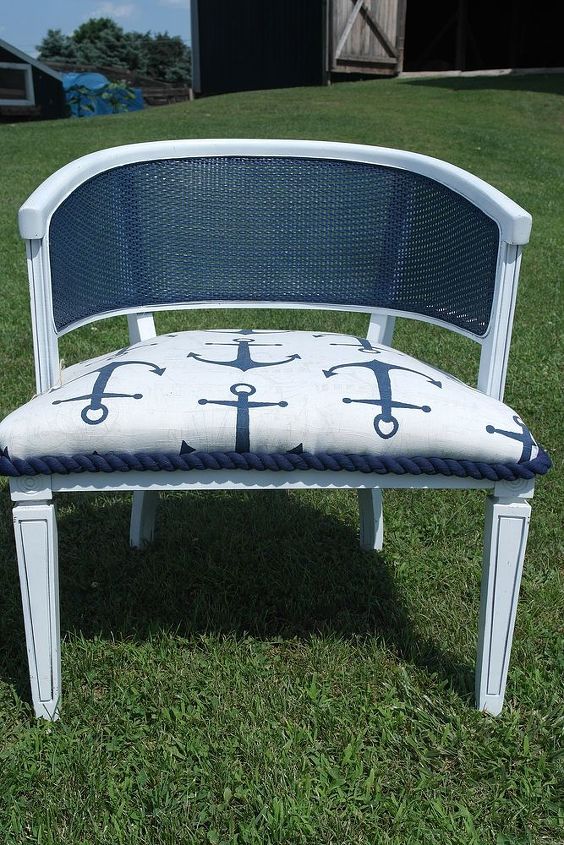 nautical cane chair makeover, painted furniture, reupholster
