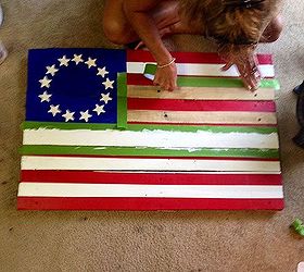 colonial flag wood paint diy, patriotic decor ideas, repurposing upcycling, seasonal holiday decor, woodworking projects, Stars are glueing