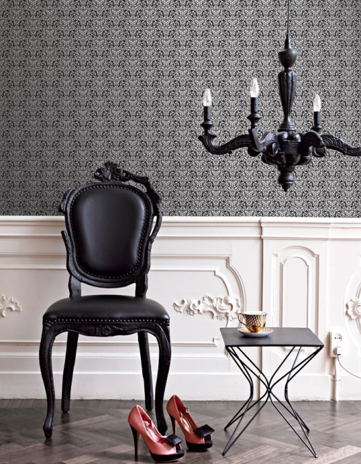 wallpaper transformations stylish trendy, home decor, wall decor, Black Swirled Contemporary Damask Wallpaper