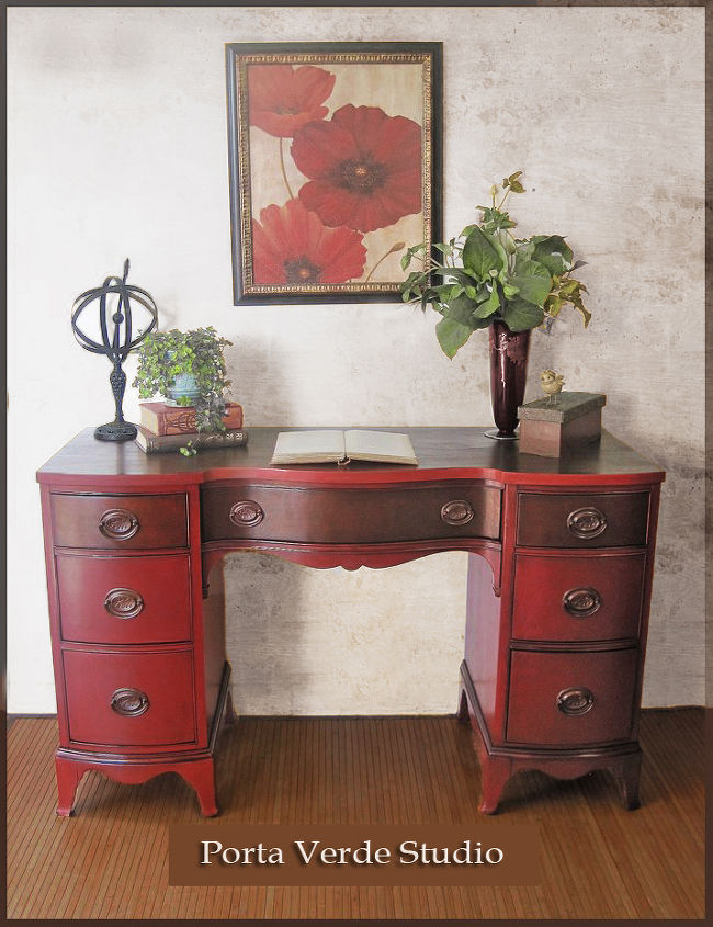 q desk red wood oil paint, home decor, painted furniture