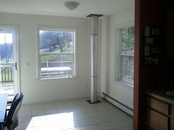 q any ideas for this corner with the wood stove pipe, appliances, home decor, kitchen design