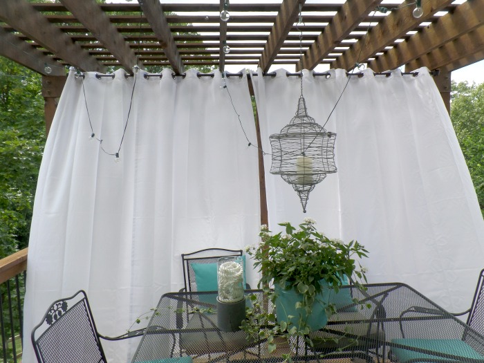deck pergola turquoise white accents, home decor, home improvement, Purchase a curtain rod made for outdoors