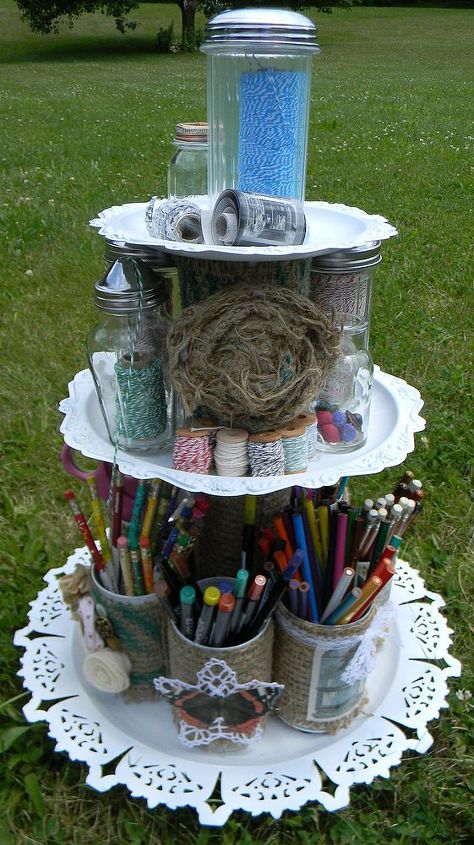 tiered cake stand studio organizer, crafts, gardening, repurposing upcycling, Studio Storage from the Recycling Bin by Artistic Endeavors 101