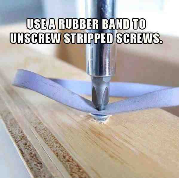 rubber band for stripped screws, tools, woodworking projects, Use a rubber band to unscrew stripped screws