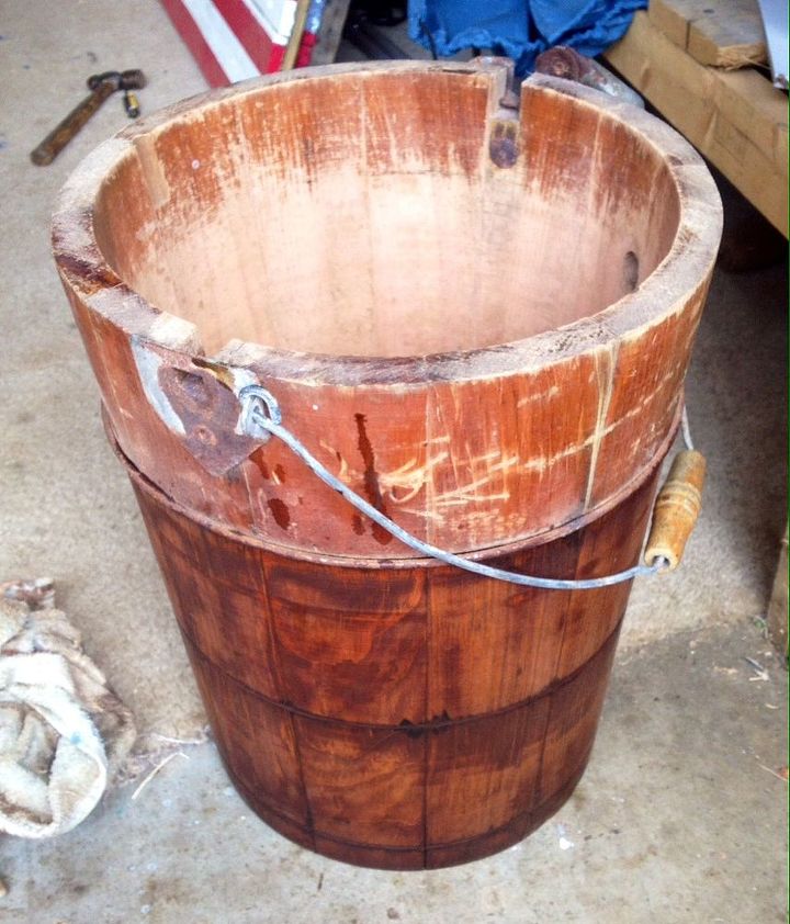 vintage ice cream freezer restored, Bottom half of bucket is sanded and stained